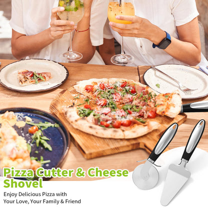Stainless Steel Pizza Cutter Wheel and Cheese Server Set, 2-Piece Multipurpose Pizza Slicer with Sharp Blade and Ergonomic Handle, Durable, Dishwasher Safe, Easy to Cut and Serve
