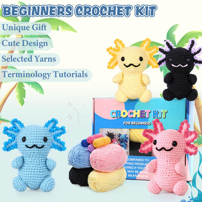 Weldomcor Crochet Kit for Beginners, Amigurumi Crocheting Animals Kits for Adults with Step-by-Step Video Tutorials Knitting Yarn Hooks DIY Crafts Starter Supplies Gifts Set (4 Pcs Mini Axolotls)