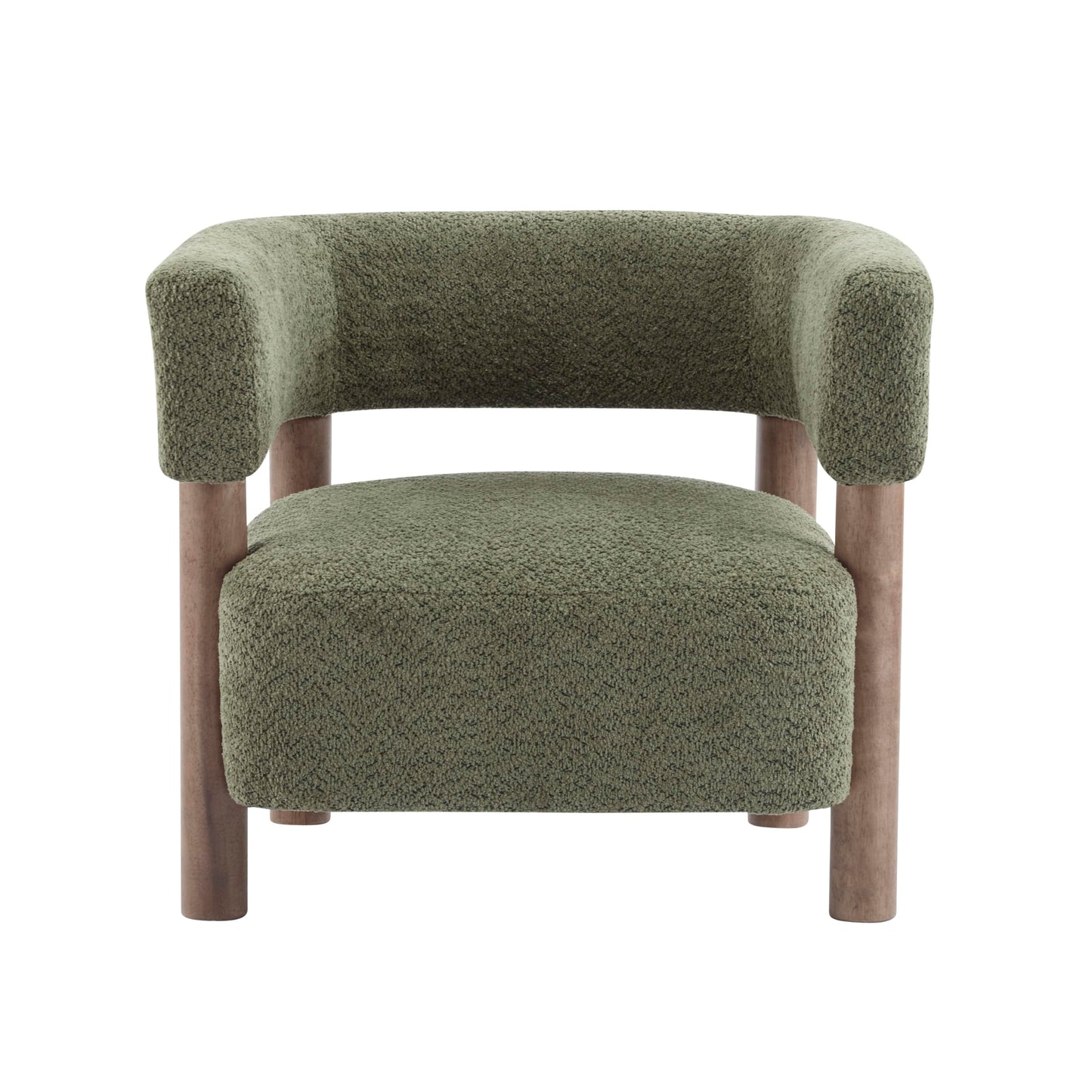 Merax Bouclé Upholstered Accent Arm Chair, Modern Lounge Armchair with Rubber Wood Legs and Foam Cushion, Comfortable Barrel Reading Chair for Living Room Bedroom, Olive Green/Walnut