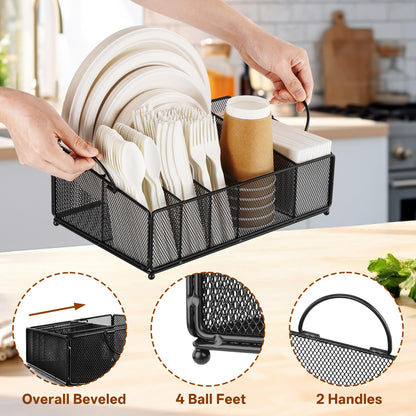 Cairondin Large Paper Plate and Silverware Caddy for Countertop Party Picnic Camping, Plastic Cutlery Holder Organizer for Disposable Plate Cup Flatware Utensil Napkin, Black