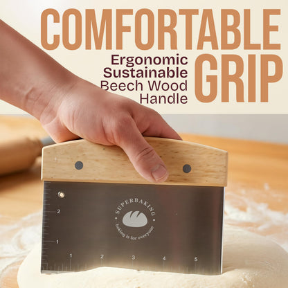 Superbaking Dough Scraper - 6" Wooden Bench Scraper - Dough Cutter with Ruler - Pastry & Cake Scraper - Kitchen Tools Sourdough Baking Supplies - Bread Making Tools & Accessories for Home Bakers