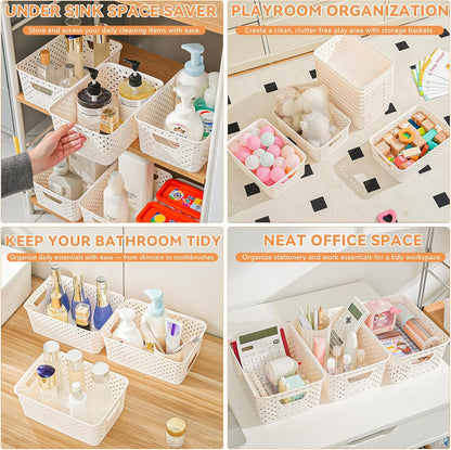 12 Pack Plastic Storage Baskets by [Brand Name] - Versatile Organizers with Handles & Labels for Cabinets, Closets, and Offices