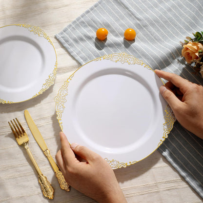 Goodluck 250 PCS Vintage White & Gold Rim Plastic Plates with Cutlery Set - Serves 50 - Heavy Duty Elegant Disposable Dinnerware for Formal Wedding, Catering, Upscale Party