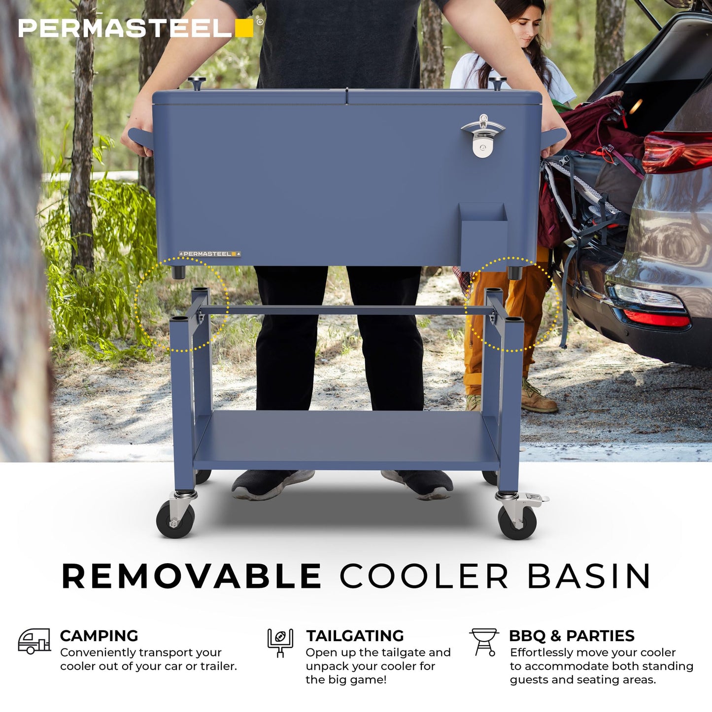 Permasteel Party Cooler with Divider, Removable Basin, Spacious 80-Qt Capacity, Chills 36hrs, Serving Tray, Rolling Ice Chest for Indoor & Outdoor, Matte Blue
