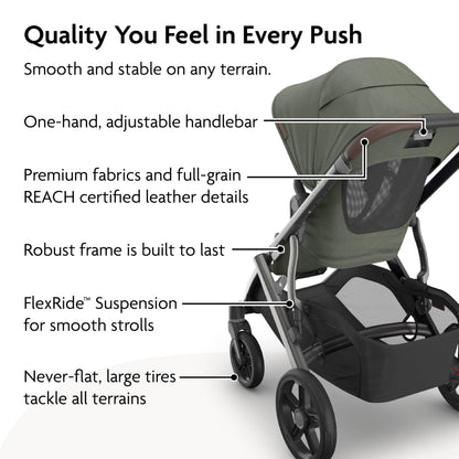 UPPAbaby Vista V3 Full-Size Single-to-Double Stroller System, Toddler Seat, Bug & Rain Shields, Storage Bag Included, Evelyn (Meadow Green/Graphite Frame/Chestnut Leather)