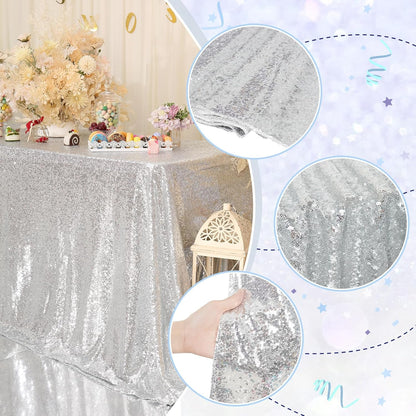 PartyDelight Silver Sequin Tablecloth Overlay 50 X 50 Inch for Wedding, Party, Birthday, Bridal, Baby Shower Decorations