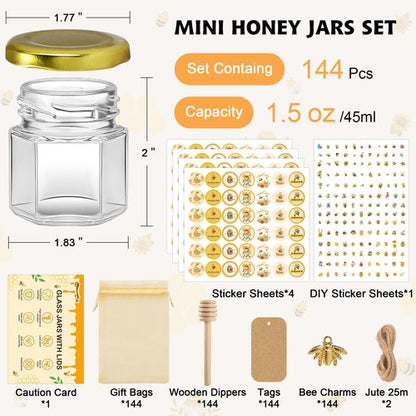 BGraceyy 144Pcs 1.5 oz Mini Hexagon Glass Honey Jars with Dippers, Gold Lids, Bee Stickers, Bee Charms, Gift Bags & Jute–Empty Small Honey Jars for Party Favors Bulk, Ideal for Baby Showers ＆ Weddings