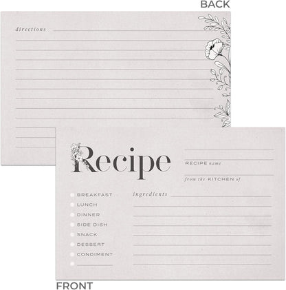 Rustic Vintage Floral Recipe Cards: 48 Cards, 4x6 inches, Beige-Grey, Water-Resistant and Double-Sided