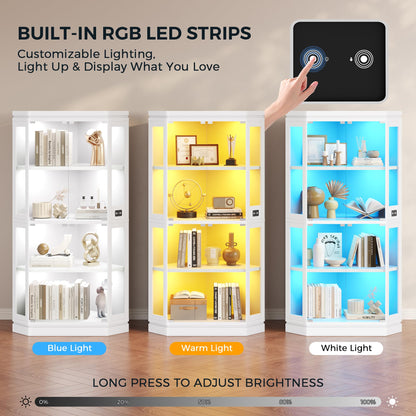 Jocoevol Corner Display Cabinet with 4 Glass Doors, 4-Tier Display Cases with RGB Lights for Collectibles, 67'' Tall Corner Curio Cabinet with Human Body Sensor for Living/Game Room (White)