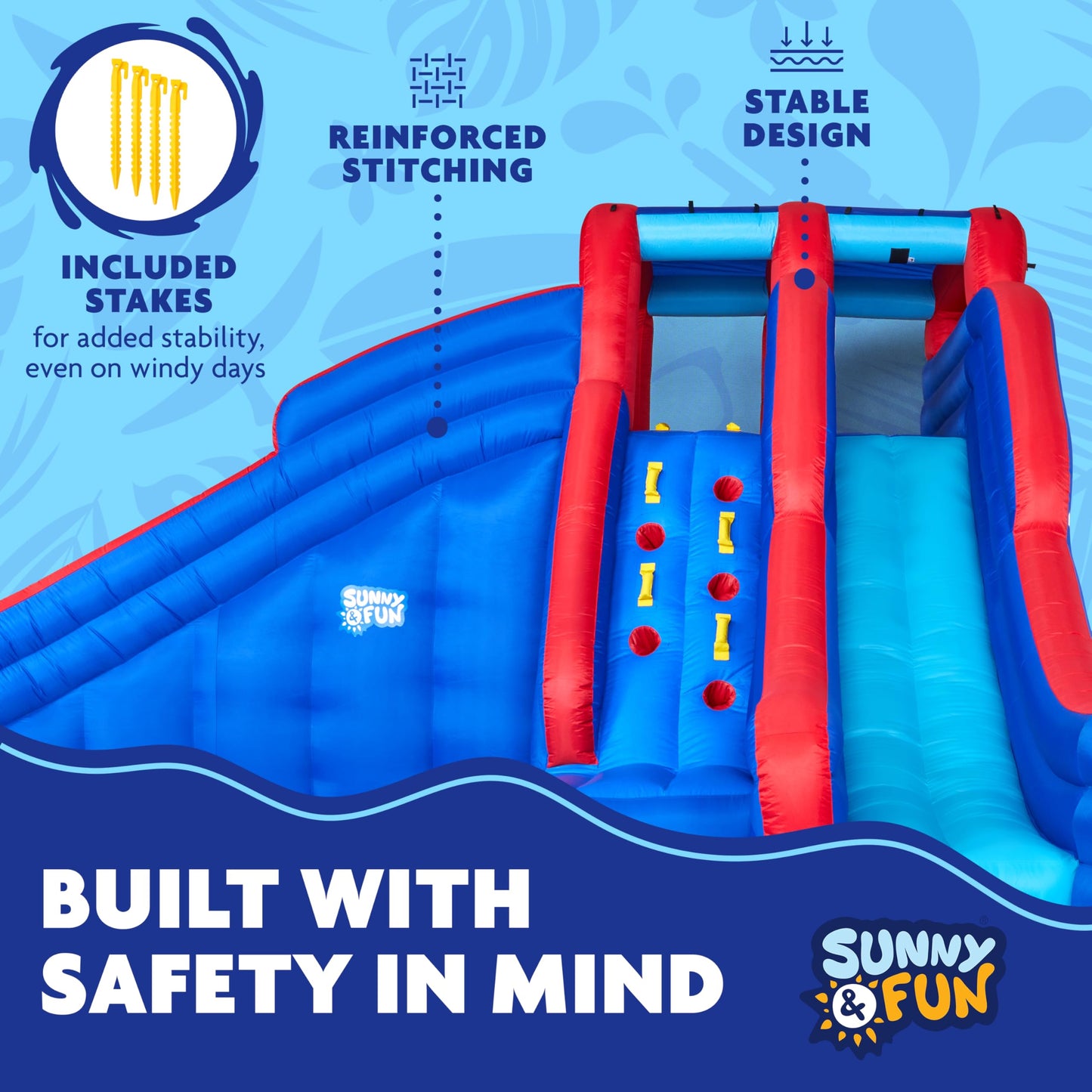 Sunny & Fun Double Dip Inflatable Water Slide Park – Heavy-Duty for Outdoor Fun - Climbing Wall, 2 Slides & Splash Pool – Easy to Set Up & Inflate with Included Air Pump & Carrying Case