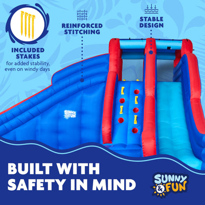 Sunny & Fun Double Dip Inflatable Water Slide Park – Heavy-Duty for Outdoor Fun - Climbing Wall, 2 Slides & Splash Pool – Easy to Set Up & Inflate with Included Air Pump & Carrying Case