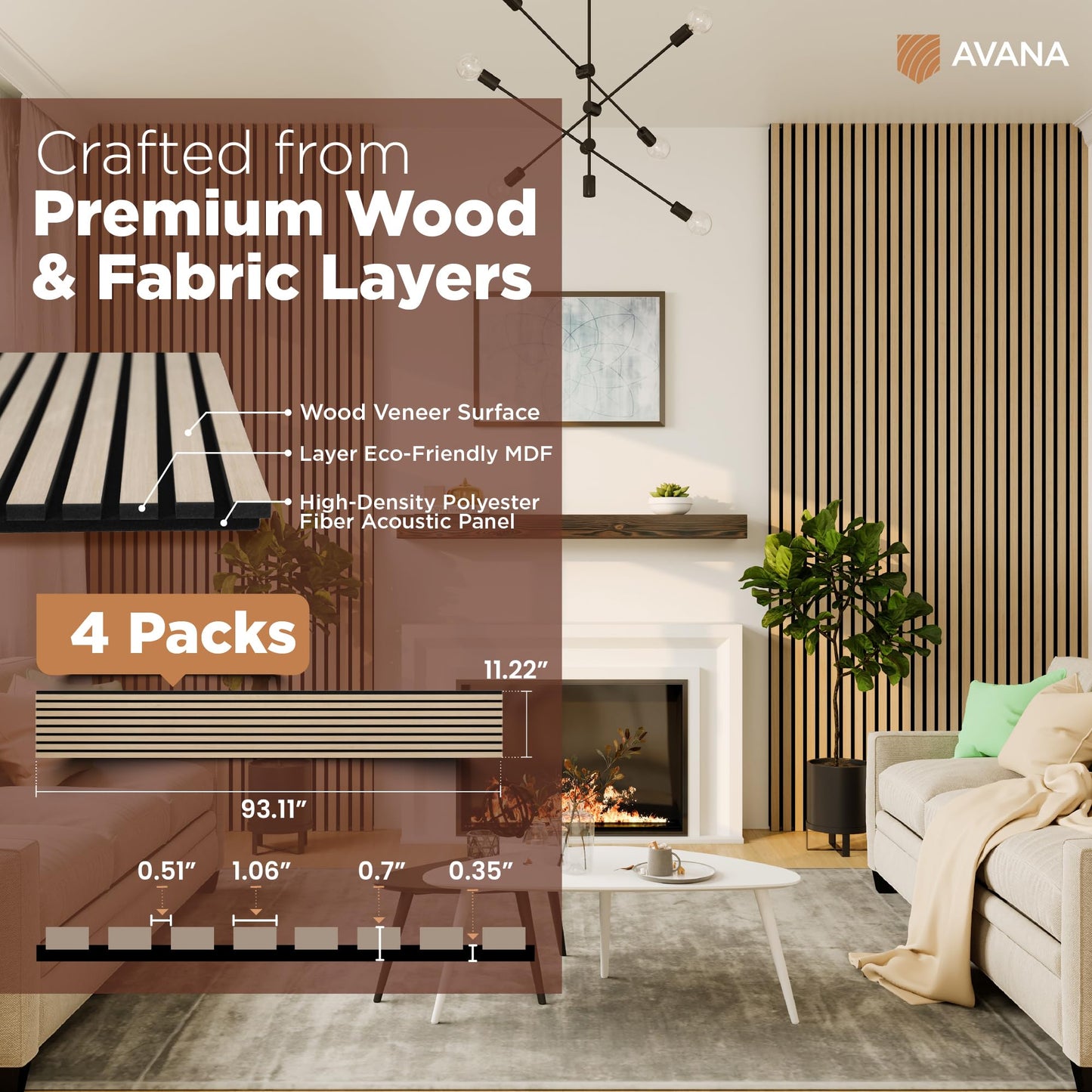 Avana Acoustic Wood Wall Panels – 93.2x11.25 Inch Panels – Fits 94x12 Layout – White Oak Acoustic Panels 4 PCs – Wall Panels for Interior Wall Decor for Homes, Offices – Design Wood Panels for Wall