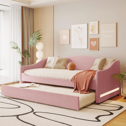Twin Size Upholstered Daybed with Trundle,Teddy Fleece Twin Daybed Frame,Twin Day Bed with LED Light,Tufted Sofa Bed Daybed for Bedroom,Living Room,Guest,Pink