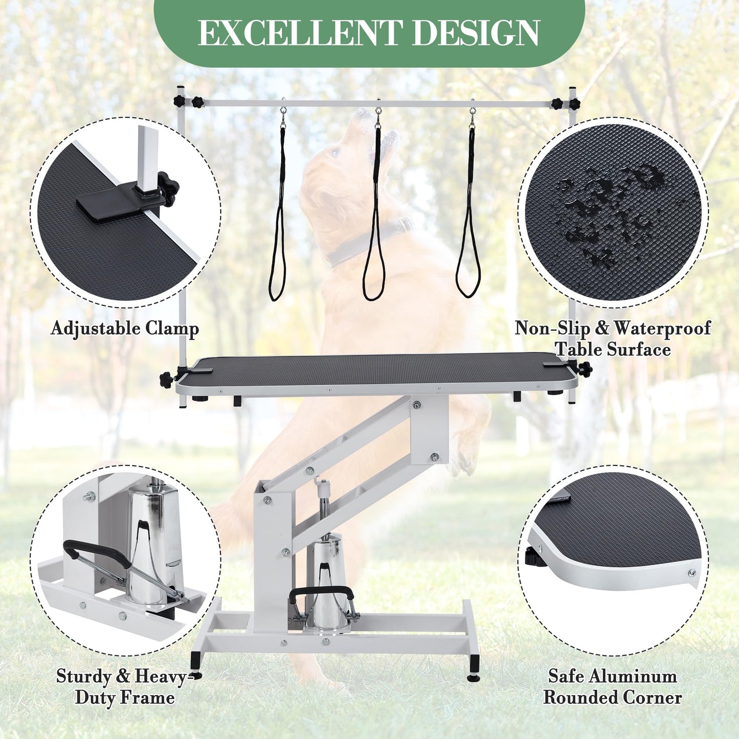 43.3-Inch Large Desktop Hydraulic Pet Grooming Table for Large Dogs with 350 LBS Loading Capacity - Heavy Duty Professional Dog Grooming Table with Non-Slip Desktop and 3 Adjsutable Nooses