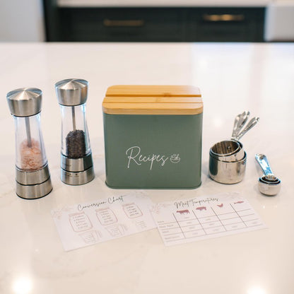 Sage Green Recipe Organizer with Wooden Lid - Set Includes 12 Dividers & 30 Blank 4 x 6" Recipe Cards