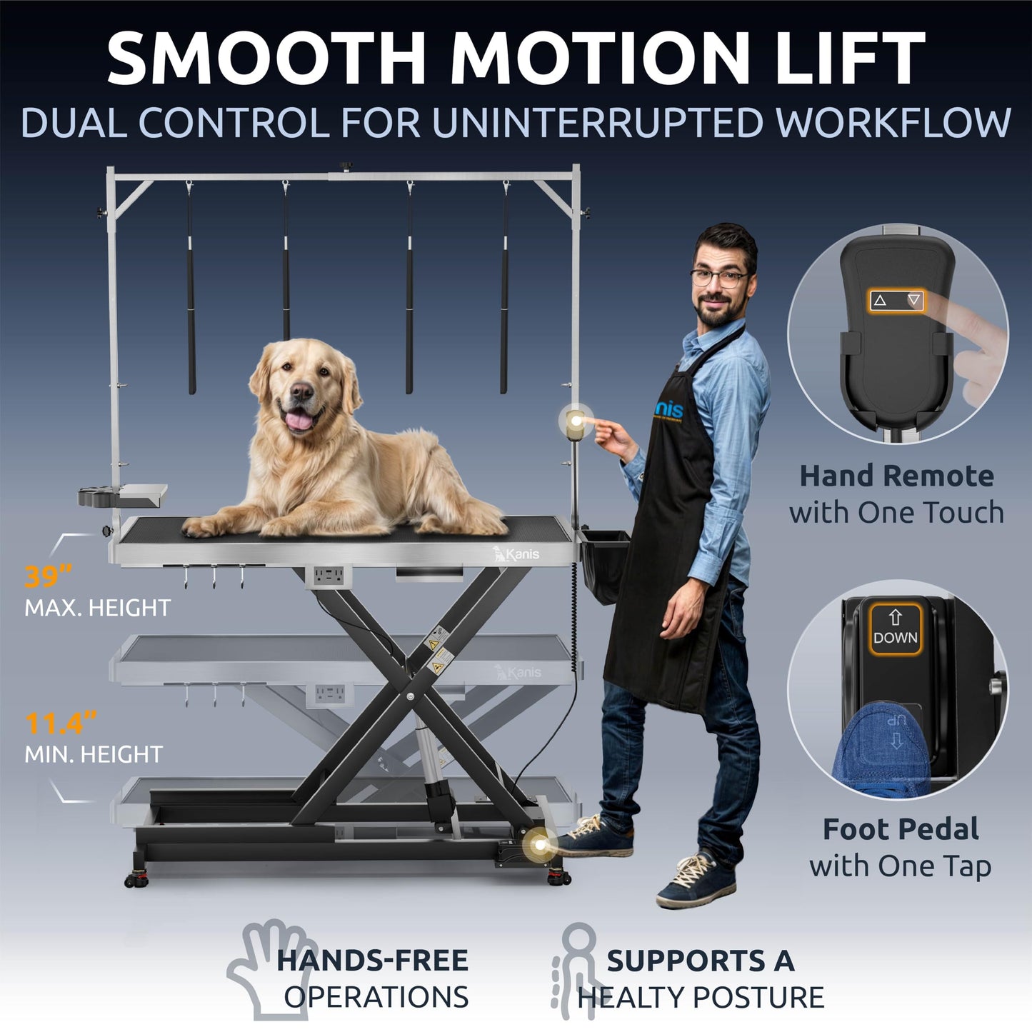 KANIS Professional Electric Dog Grooming Table - Heavy Duty, Height Adjustable Pet Grooming Table w/Leveling Wheels, Grooming Arm, Anti-Slip Tabletop & Tool Organizer/Dog Grooming Station (Black, 49")