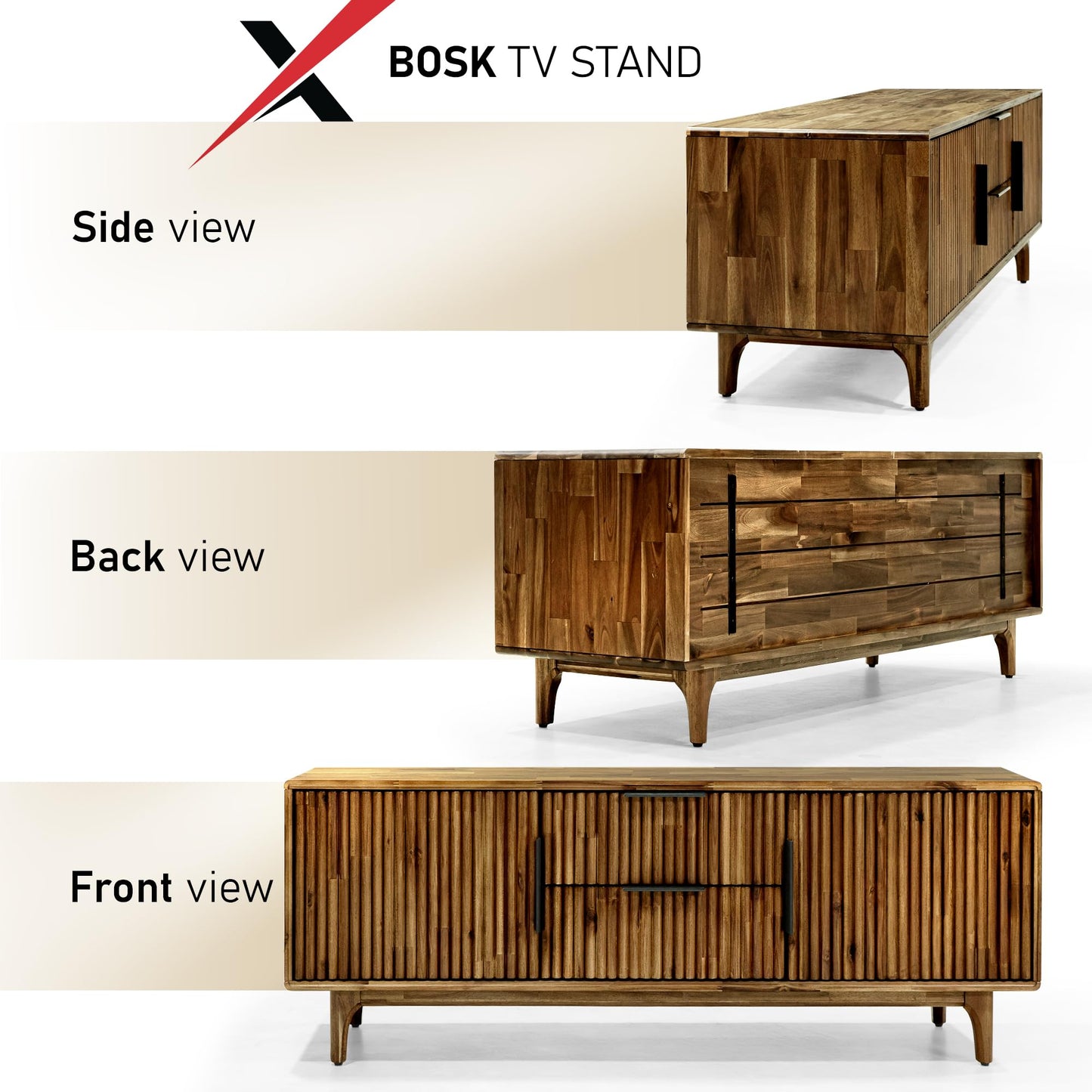 MEGSU 54" Bosk Fluted Acacia Wood TV Stand for TVs up to 60"–Mid-Century Modern Media Console with Storage, Soft-Close Drawers & Doors TV Stands for Living Room, Bedroom, 250 lbs Capacity, Walnut