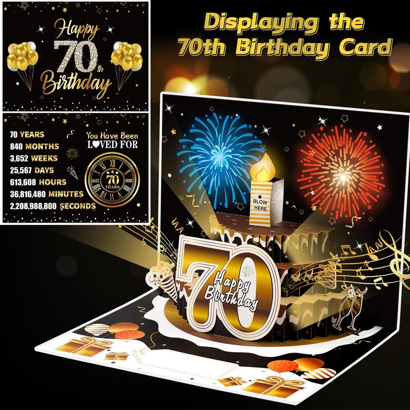 Turypaty 70th Birthday Cards Pop Up 3D Cake - Firework & Music & Blow Out Candle Light Funny Happy 70 Black Gold Birthday Card Gifts for Men, Women, Friends, Boyfriend, Dad, Mom, Husband, Wife