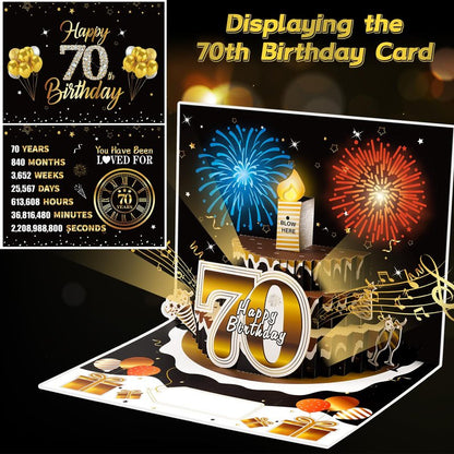 Turypaty 70th Birthday Cards Pop Up 3D Cake - Firework & Music & Blow Out Candle Light Funny Happy 70 Black Gold Birthday Card Gifts for Men, Women, Friends, Boyfriend, Dad, Mom, Husband, Wife
