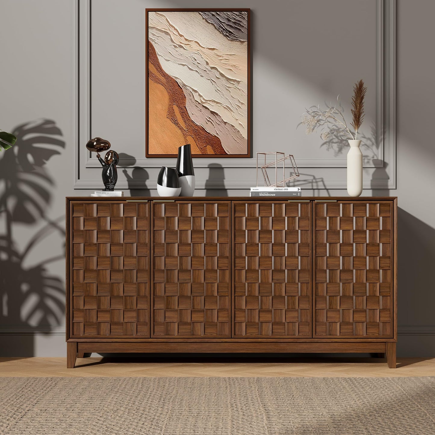 MALOL Fluted Sideboard Buffet Cabinet with Storage, 59" Wood Buffet Table with 4 3D-Checkerboard Doors & Adjustable Shelves, Kitchen Dining Room Coffee Bar Cabinet, Mid Century Modern Style, Walnut