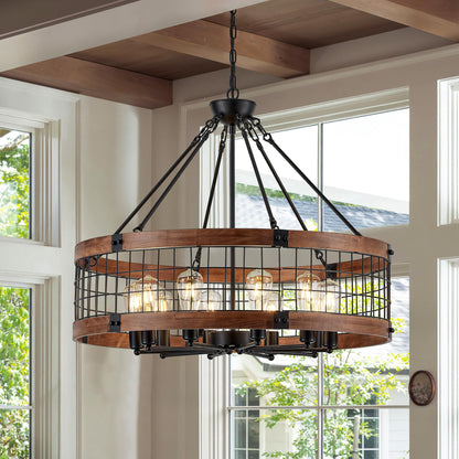 Faibra 10-Light Farmhouse Drum Wood Pendant Light,32'' Vintage Rustic Brown Oak Wood Chandeliers,Retro Industrial Hanging Light Fixtures for Dining Room Entryway, Bedroom