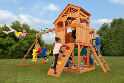 Timber Valley Cedar Backyard Playset | Multi | W:15'9" D:11'10" H:9'3" | 2-Person Glider, 2 Belt Swings & Green Slide | Kids Age 3-12 | DIY Outdoor Swingset | ASTM Standards | 10-Year Wood Warranty