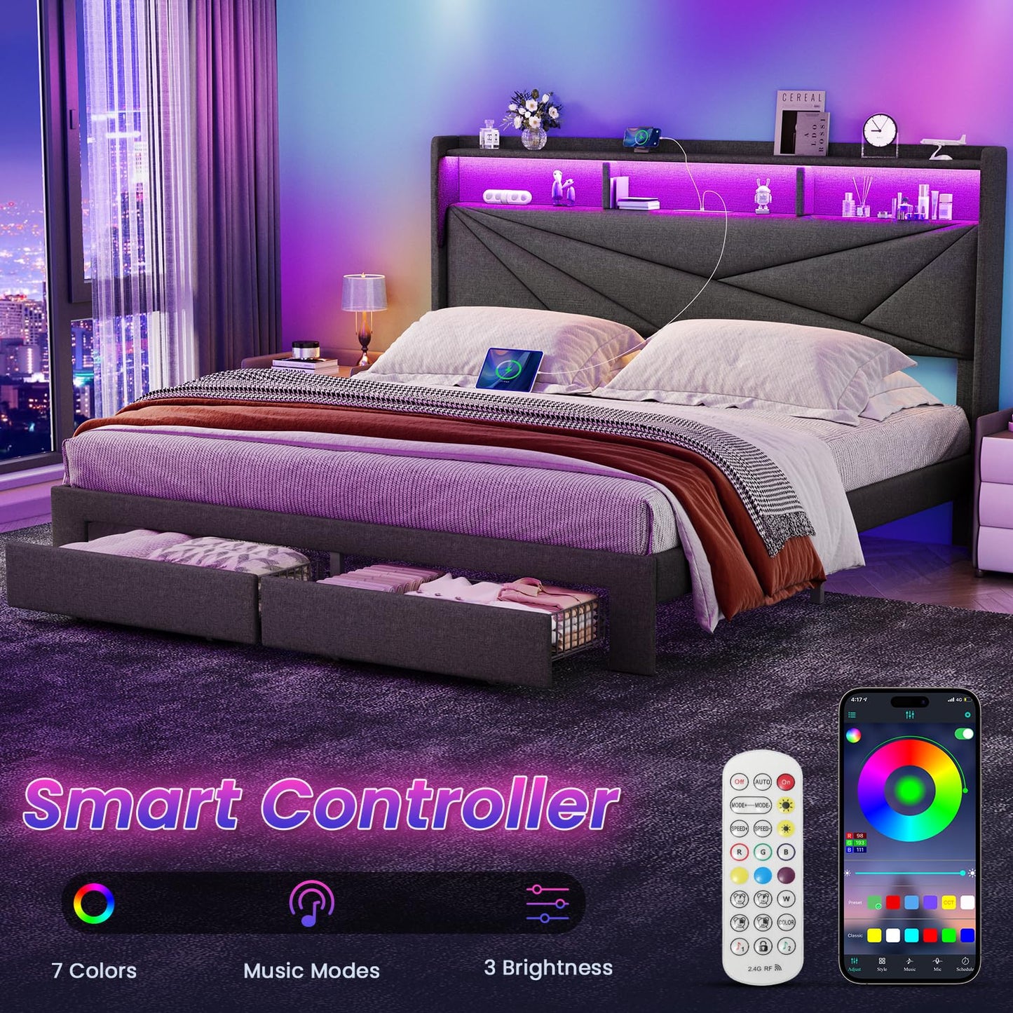 Driftalia King Size Bed Frame with 2-Tier Storage Headboard, Upholstered King Bed Frame with 2 Drawers, Charging Station and LED Lights, No Box Spring Needed, Easy Assembly - Dark Grey