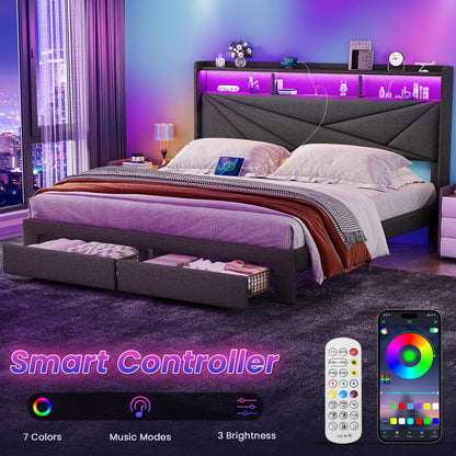 Driftalia King Size Bed Frame with 2-Tier Storage Headboard, Upholstered King Bed Frame with 2 Drawers, Charging Station and LED Lights, No Box Spring Needed, Easy Assembly - Dark Grey