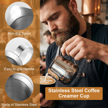8 Pcs 3 oz (90ml) Mini Milk Creamer Frothing Pitcher Dispenser Container with Handle, Small Stainless Steel Bell-Shaped Creamer for Coffee Barista, Cappuccino, Latte, Restaurant, Bakery, Kitchen Use