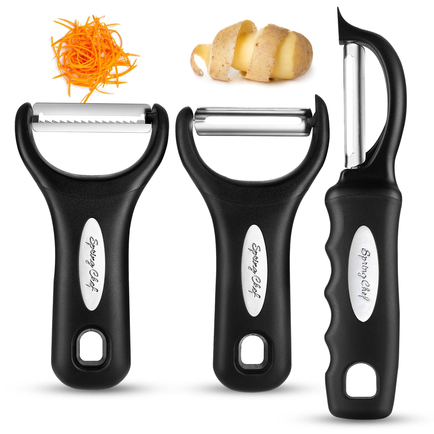 Spring Chef Vegetable Peelers for Kitchen - Stainless Steel Swivel, Y & Julienne Peelers, Potato Peelers with Soft Grip Handles, Kitchen Utensils Set of 3 for Fruits, Veggies, Apples, Carrots