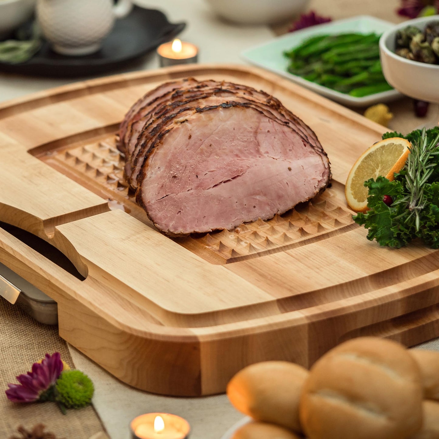 John Boos Maple Wood Cutting Board, 24”x18” – 2.25” Thick, 31-lb Reversible Wooden Butcher Block with Catch Pan, Sloped Juice Groove, Edge-Grain & Finger Grips - Carving Series
