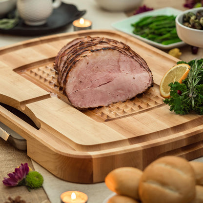 John Boos Maple Wood Cutting Board, 24”x18” – 2.25” Thick, 31-lb Reversible Wooden Butcher Block with Catch Pan, Sloped Juice Groove, Edge-Grain & Finger Grips - Carving Series