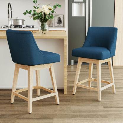 Vipbear Counter Height Bar Stools Set of 2, 26" H Modern Swivel Bar stools with Contoured Back and Solid Wood Legs, Linen Fabric Upholstered Counter Bar Chairs for Kitchen Island, Blue