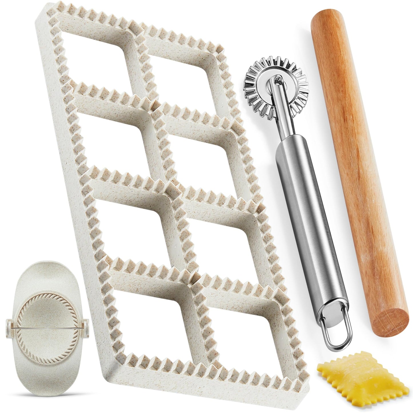 MUMSUNG Ravioli Maker Press, Ravioli Press Mold Set - 1.85" Squares Ravioli Stamp Maker Cutter with Wood Rolling Pin, 2.6" Empanada Maker Press Kit and Ravioli Wheel, Makes 8 Ravioli