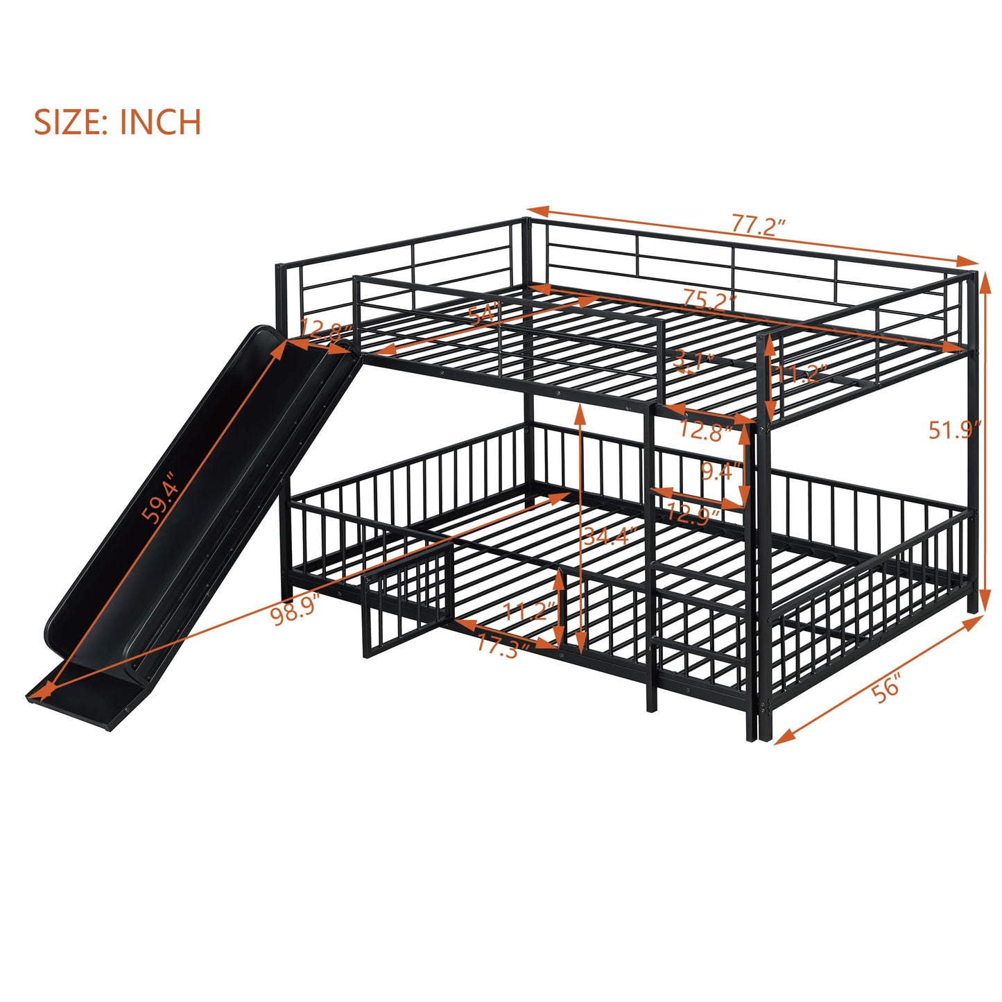 Bellemave Full Over Full Bunk Bed with Slide and Ladder, Metal Low Bunk Bed for Kids, Girls, Boys, Removable Fence, with Door, Black