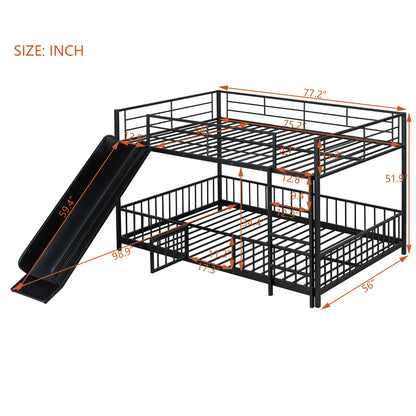 Bellemave Full Over Full Bunk Bed with Slide and Ladder, Metal Low Bunk Bed for Kids, Girls, Boys, Removable Fence, with Door, Black