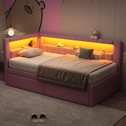 Bellemave Twin Size Upholstered Daybed with Drawers and USB/LED Belt, Corner Bed with Drawers. L-Shape daybed for Bedroom Living Room, Pink（Linen）