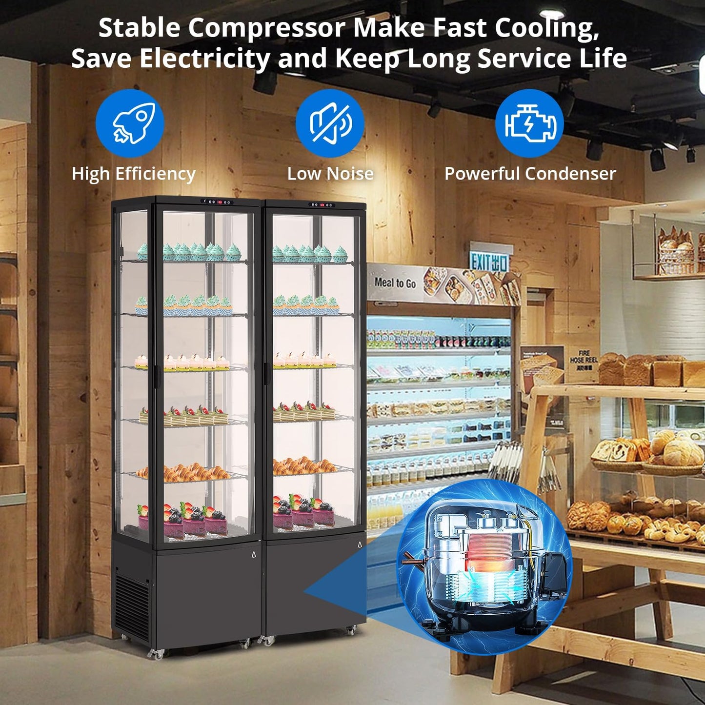10.5 Cu.Ft Refrigerated Display Case, Floor-Standing Display Refrigerator with LED Light and Adjustable Shelves, Commercial Display Fridge with Casters for Cakes, Coffee, Bakery, Supermarkets, Store