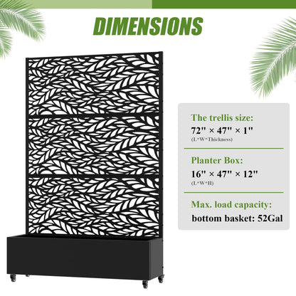 Wooakway 72" H Raised Garden Bed with Trellis and Wheels, Metal Privacy Screen Outdoor Planter Box with Decorative Leaf Pattern, 52 Gal Large Mobile Vertical Planter for Patio, Balcony & Backyard