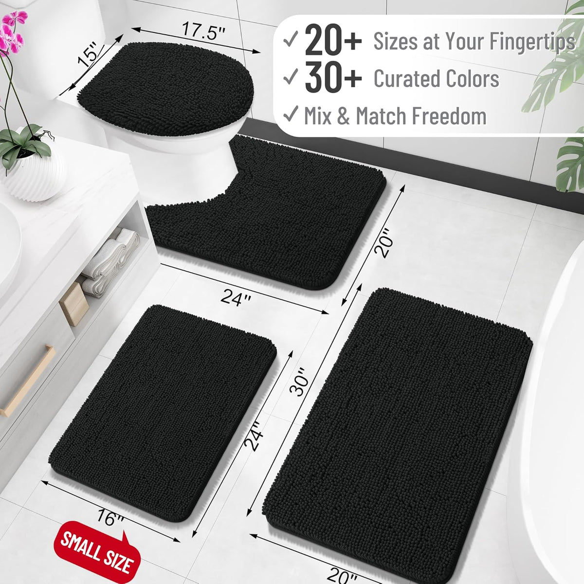 OLANLY Bathroom Rugs - Extra Soft Chenille Bath Mats | 34x21, Quick Dry, Machine Washable, Black