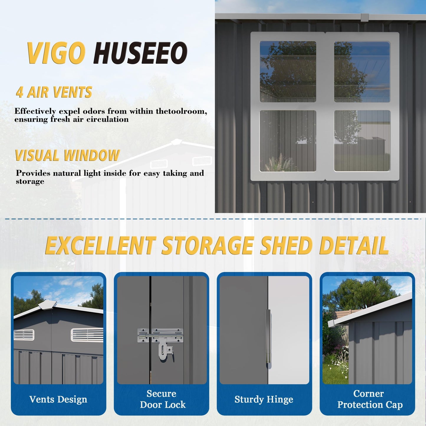 Vigo huseeo 10x14x6.7FT Outdoor Storage Shed, Galvanized Steel Garden Shed with Lockable Door & Window, Waterproof Metal Tool Storage for Garden, Backyard, Patio, Lawn(Grey)