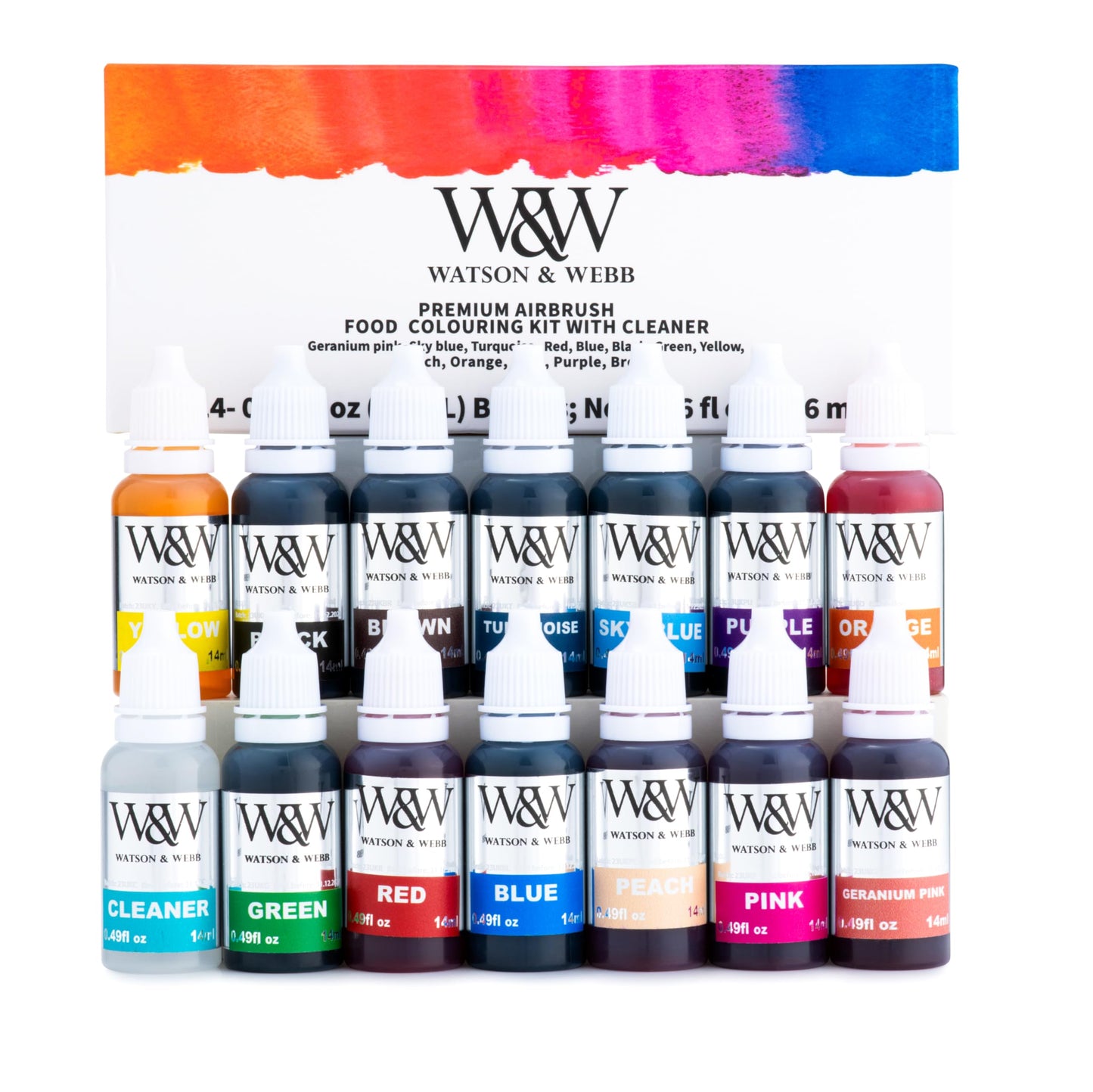 Watson & Webb Foundation Selection - 17pcs Cake Airbrush Decorating Kit - Inc Professional 3 Speed Mains Powered Spray Gun, 13 Vibrant Colours, and Tools - for Food, Cakes, Cookies & Baking