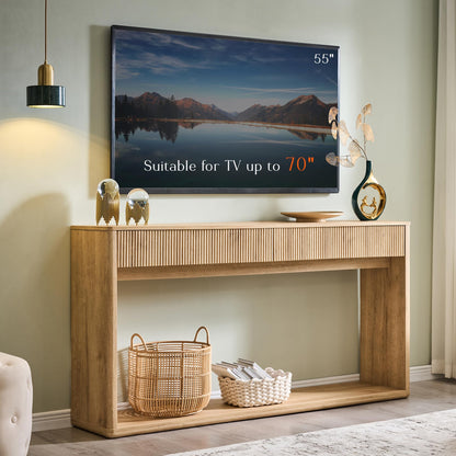OKD 63" Fluted Console Table for Entryway, Modern Entryway Table with 2 Large Drawers, Long Sofa Table Behind Couch for Living Room, Hallway, Couch, Foyer，Natural Oak