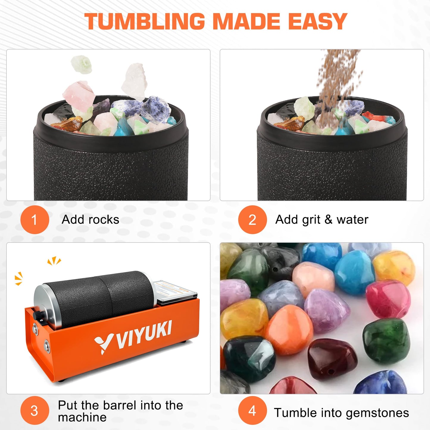 VIYUKI Professional Rock Tumbler Kit - Double Drum 6LB Rock Polisher(Double Barrel), Includes Rough Gemstones, 8 Polishing Grits, Jewelry, Learning Guide, Ideal Gift for Adults & Collectors