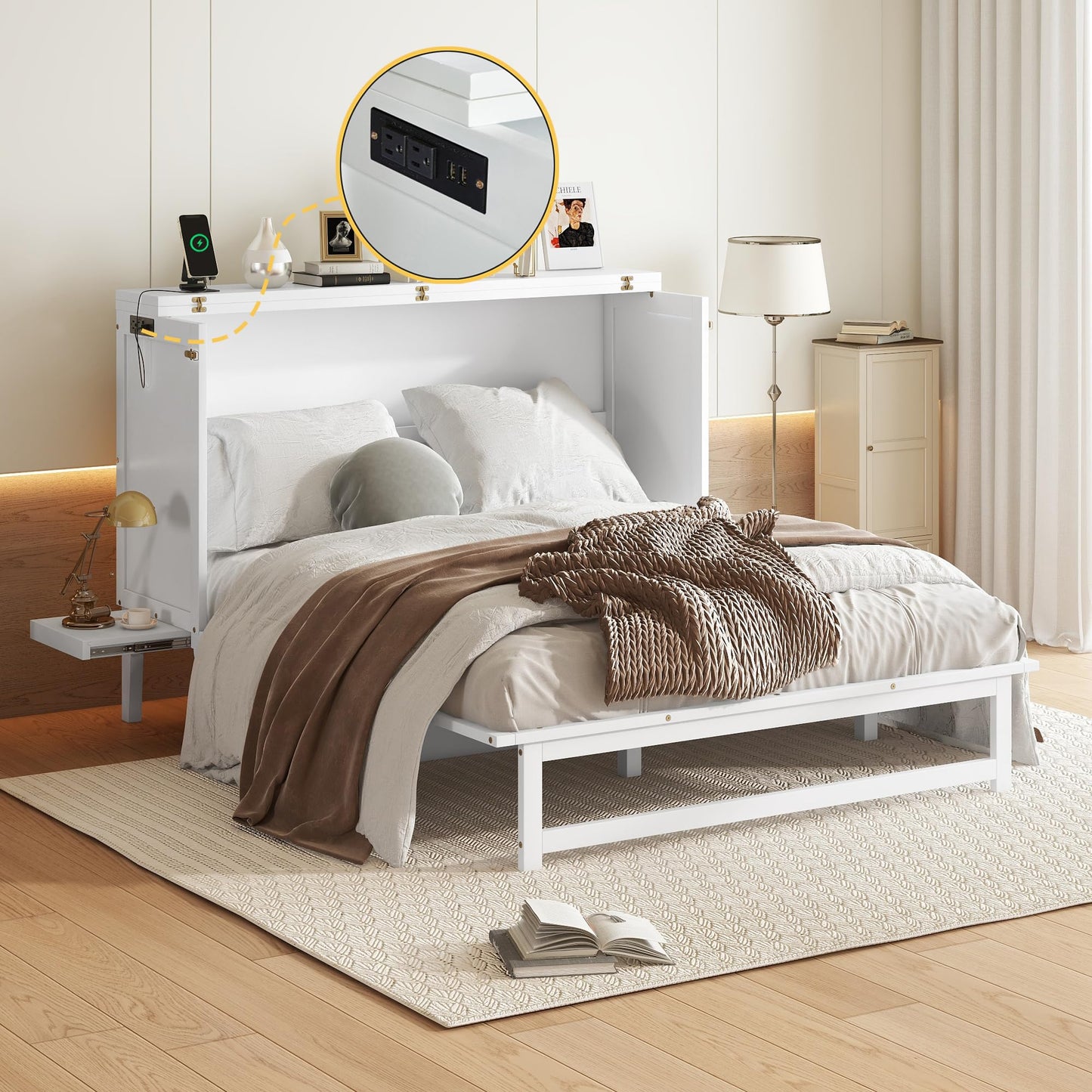 Ball & Cast Murphy Bed Full W/Desk & 2 Removable Shelves,Cabinet Bed W/ 2 USB Port & Power Outlets,Hidden Foldable Wall Bed Frame for Home Office,Apartment,Guest Room,White