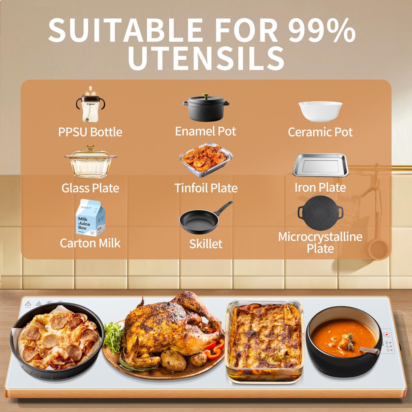 Electric Warming Tray (Extra Long 47.24”x11.81”)，Food Warmers for Parties Buffet & Gathering, Tempered Glass Warming Mat for Food with Adjustable Temperature Modes, White Chafing Dishes