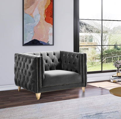 Meridian Furniture 652Grey-C Michelle Collection Modern | Contemporary Chair with Deep Button Tufting, Gold Nailhead Trim and Sturdy Gold Iron Legs, Grey Velvet, 44" W x 34" D x 30" H