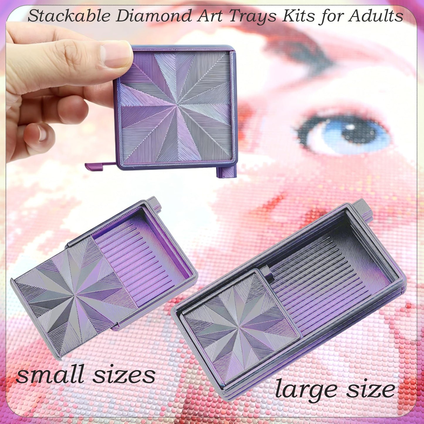 Diamond Art Trays with Lids and Stoppers, Stackable Diamond Painting Trays, 3 in 1 Diamond Bedazzling Tray with Tweezers, Brushes, Diamond Art Painting Bead Rhinestone Sorting Trays (Black Purple)