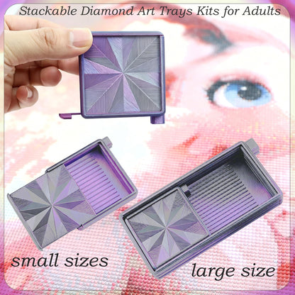 Diamond Art Trays with Lids and Stoppers, Stackable Diamond Painting Trays, 3 in 1 Diamond Bedazzling Tray with Tweezers, Brushes, Diamond Art Painting Bead Rhinestone Sorting Trays (Black Purple)