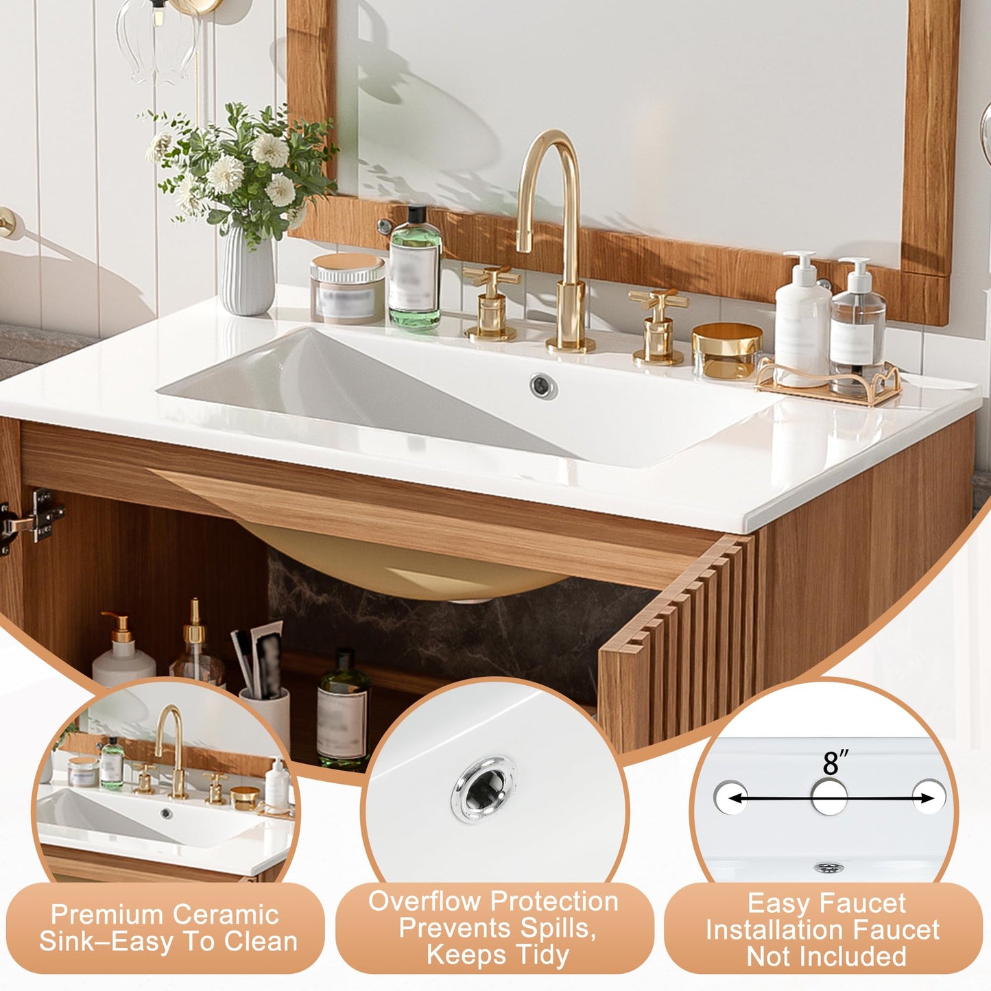 Merax 59.8" Bathroom Vanity with Ceramic Sink, Double Bathroom Vanity Combo, Freestanding Bathroom Cabinet with Wooden Legs, MDF Structure, Soft Close Doors, Adjustable Shelf